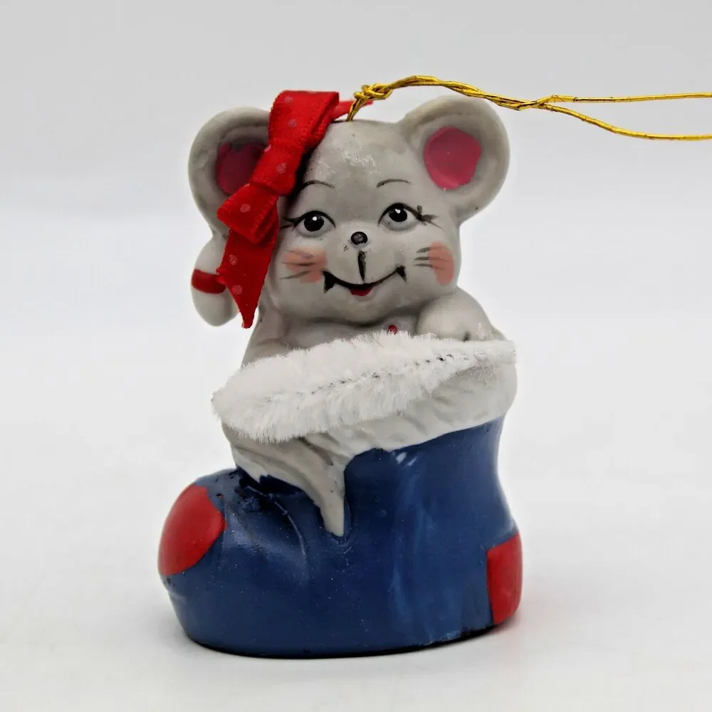 Holly Bells Porcelain Mouse Stocking Bell Ornament Vintage 1986 Original Box b